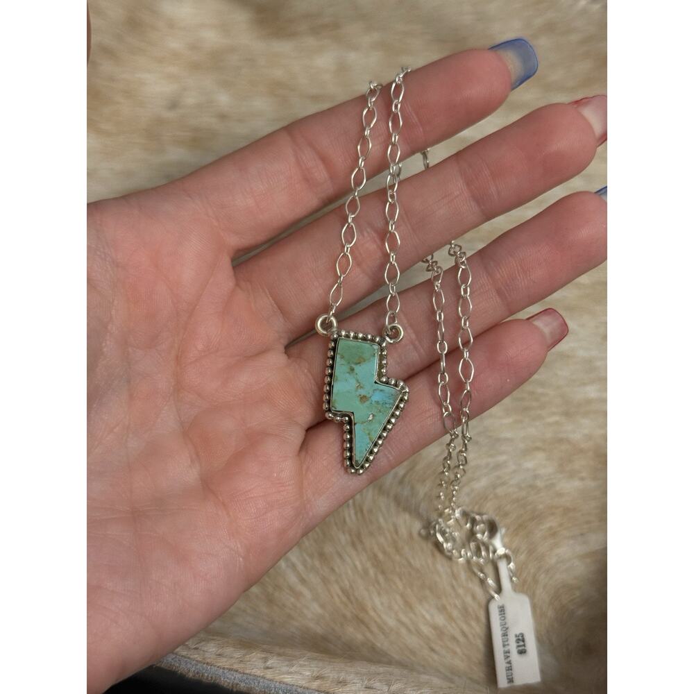 Native American SW Sterling Silver Blue Turquoise Lightning Bolt Necklace 925